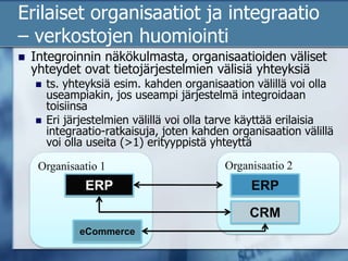 Erilaiset organisaatiot ja integraatio – verkostojen huomiointiIntegroinnin näkökulmasta, organisaatioiden väliset yhteydet ovat tietojärjestelmien välisiä yhteyksiäts. yhteyksiä esim. kahden organisaation välillä voi olla useampiakin, jos useampi järjestelmä integroidaan toisiinsaEri järjestelmien välillä voi olla tarve käyttää erilaisia integraatio-ratkaisuja, joten kahden organisaation välillä voi olla useita (>1) erityyppistä yhteyttäOrganisaatio 1Organisaatio 2ERPERPCRMeCommerce