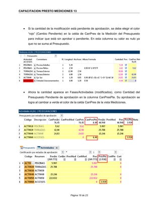 CAPACITACION PRESTO MEDICIONES 13
• Si la cantidad de la modificación está pendiente de aprobación, se debe elegir el color
“rojo” (Cambio Pendiente) en la celda de CanPres de la Medición del Presupuesto
para indicar que está sin aprobar o pendiente. En esta columna su valor es nulo ya
que no se suma al Presupuesto.
• Ahora la cantidad aparece en Fases/Actividades (modificados), como Cantidad del
Presupuesto Pendiente de aprobación en la columna CanPresPte. Su aprobación se
logra al cambiar a verde el color de la celda CanPres de la vista Mediciones.
Página 18 de 23
 