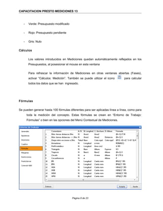 CAPACITACION PRESTO MEDICIONES 13
- Verde: Presupuesto modificado
- Rojo: Presupuesto pendiente
- Gris: Nulo
Cálculos
Los valores introducidos en Mediciones quedan automáticamente reflejados en los
Presupuestos, al posesionar el mouse en esta ventana
Para refrescar la información de Mediciones en otras ventanas abiertas (Fases),
activar “Cálculos: Medición”. También se puede utilizar el icono para calcular
todos los datos que se han ingresado.
Fórmulas
Se pueden generar hasta 100 fórmulas diferentes para ser aplicadas línea a línea, como para
toda la medición del concepto. Estas fórmulas se crean en “Entorno de Trabajo:
Fórmulas” o bien en las opciones del Menú Contextual de Mediciones.
Página 8 de 23
 
