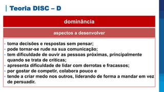 Teoria DISC – D
aspectos a desenvolver
 toma decisões e respostas sem pensar;
 pode tornar-se rude na sua comunicação;
 tem dificuldade de ouvir as pessoas próximas, principalmente
quando se trata de críticas;
 apresenta dificuldade de lidar com derrotas e fracassos;
 por gostar de competir, colabora pouco e
 tende a criar medo nos outros, liderando de forma a mandar em vez
de persuadir.
dominância
 