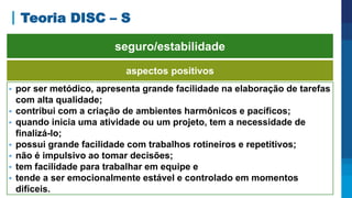 Teoria DISC – S
aspectos positivos
 por ser metódico, apresenta grande facilidade na elaboração de tarefas
com alta qualidade;
 contribui com a criação de ambientes harmônicos e pacíficos;
 quando inicia uma atividade ou um projeto, tem a necessidade de
finalizá-lo;
 possui grande facilidade com trabalhos rotineiros e repetitivos;
 não é impulsivo ao tomar decisões;
 tem facilidade para trabalhar em equipe e
 tende a ser emocionalmente estável e controlado em momentos
difíceis.
seguro/estabilidade
 