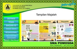 Tampilan Majalah
DEFINISI

TEMA
BAGIAN ISI
DESIGN GRAFIS

REDAKSIONAL
NILAI ESTETIKA
DAN BUDAYA

 