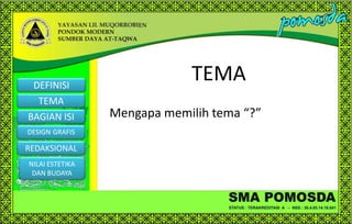 DEFINISI

TEMA
BAGIAN ISI
DESIGN GRAFIS

REDAKSIONAL
NILAI ESTETIKA
DAN BUDAYA

TEMA
Mengapa memilih tema “?”

 