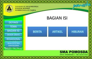 BAGIAN ISI
DEFINISI

TEMA
BAGIAN ISI
DESIGN GRAFIS

REDAKSIONAL
NILAI ESTETIKA
DAN BUDAYA

BERITA

ARTIKEL

HIBURAN

 