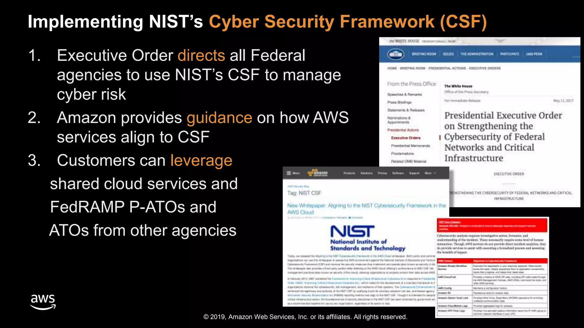 © 2019, Amazon Web Services, Inc. or its affiliates. All rights reserved.
Implementing NIST’s Cyber Security Framework (CSF)
1. Executive Order directs all Federal
agencies to use NIST’s CSF to manage
cyber risk
2. Amazon provides guidance on how AWS
services align to CSF
3. Customers can leverage
shared cloud services and
FedRAMP P-ATOs and
ATOs from other agencies
 