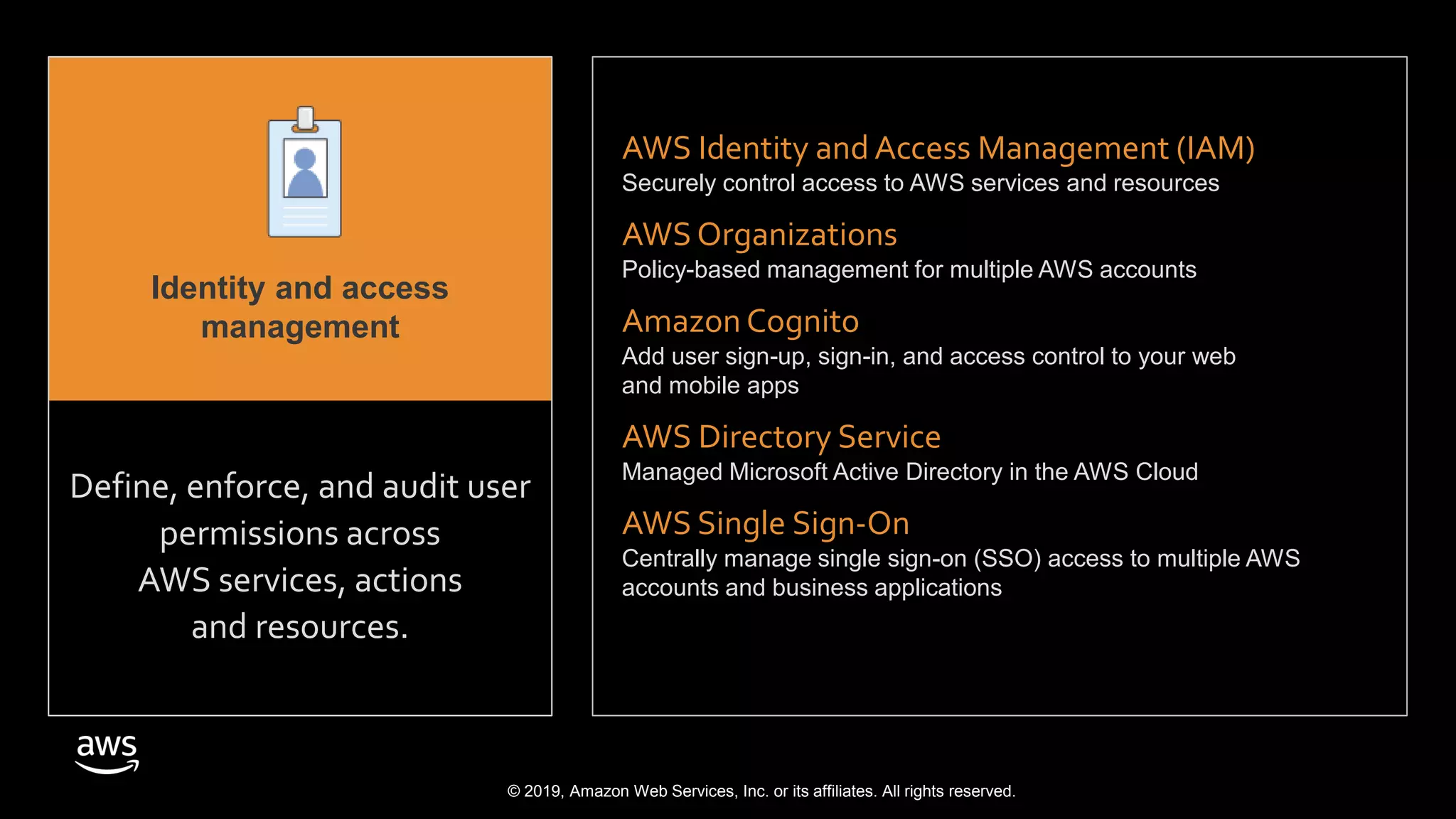 © 2019, Amazon Web Services, Inc. or its affiliates. All rights reserved.
AWS Identity and Access Management (IAM)
Securely control access to AWS services and resources
AWS Organizations
Policy-based management for multiple AWS accounts
Amazon Cognito
Add user sign-up, sign-in, and access control to your web
and mobile apps
AWS Directory Service
Managed Microsoft Active Directory in the AWS Cloud
AWS Single Sign-On
Centrally manage single sign-on (SSO) access to multiple AWS
accounts and business applications
Define, enforce, and audit user
permissions across
AWS services, actions
and resources.
Identity & access
management
Identity and access
management
 