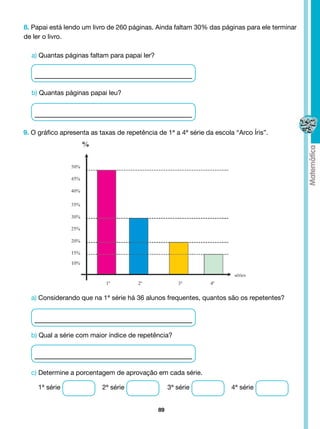 8. Papai está lendo um livro de 260 páginas. Ainda faltam 30% das páginas para ele terminar
de ler o livro.

  a) Quantas páginas faltam para papai ler?




  b) Quantas páginas papai leu?




9. O gráfico apresenta as taxas de repetência de 1ª a 4ª série da escola “Arco Íris”.




  a) Considerando que na 1ª série há 36 alunos frequentes, quantos são os repetentes?




  b) Qual a série com maior índice de repetência?




  c) Determine a porcentagem de aprovação em cada série.

     1ª série              2ª série                3ª série             4ª série


                                              89
 