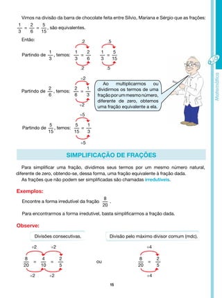 15
Vimos na divisão da barra de chocolate feita entre Sílvio, Mariana e Sérgio que as frações:
1
3
=
2
6
=
5
15
, são equivalentes.
Então:
Partindo de
1
3
, temos:
1
3
=
2
6
1
3
=
5
15
8
20
=
4
10
=
2
5
ou
8
20
=
2
5
Partindo de
2
6
, temos:
2
6
=
1
3
Partindo de
5
15
, temos:
5
15
=
1
3
.2
÷2 ÷4
÷2
÷2
÷5
.5
.2
÷2 ÷4
÷2
÷2
÷5
.5
Ao multiplicarmos ou
dividirmos os termos de uma
fraçãoporummesmonúmero,
diferente de zero, obtemos
uma fração equivalente a ela.
SIMPLIFICAÇÃO DE FRAÇÕES
Para simplificar uma fração, dividimos seus termos por um mesmo número natural,
diferente de zero, obtendo-se, dessa forma, uma fração equivalente à fração dada.
As frações que não podem ser simplificadas são chamadas irredutíveis.
Exemplos:
Encontre a forma irredutível da fração
8
20
.
Para encontrarmos a forma irredutível, basta simplificarmos a fração dada.
Observe:
Divisões consecutivas. Divisão pelo máximo divisor comum (mdc).
 