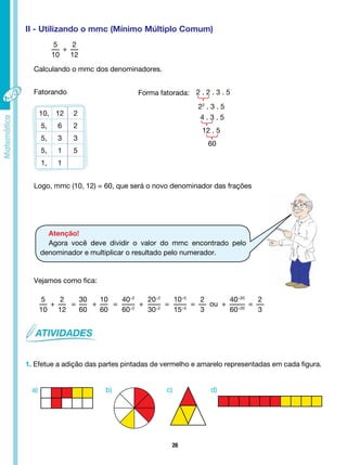 26
5
10
+
2
12
=
30
60
+
10
60
=
40÷2
60÷2
+
20÷2
30÷2
=
10÷5
15÷5
=
2
3
ou +
40÷20
60÷20
=
2
3
II - Utilizando o mmc (Mínimo Múltiplo Comum)
5
10
+
2
12
Calculando o mmc dos denominadores.
Fatorando Forma fatorada:
10, 12 2
5, 6 2
5, 3 3
5, 1 5
1, 1
2 . 2 . 3 . 5
22
. 3 . 5
4 . 3 . 5
12 . 5
60
Logo, mmc (10, 12) = 60, que será o novo denominador das frações
Atenção!
Agora você deve dividir o valor do mmc encontrado pelo
denominador e multiplicar o resultado pelo numerador.
1. Efetue a adição das partes pintadas de vermelho e amarelo representadas em cada figura.
a) c) d)
b)
Vejamos como fica:
 