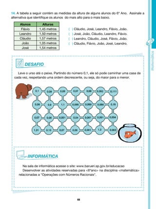 69
14. A tabela a seguir contém as medidas da altura de alguns alunos do 6º Ano. Assinale a
alternativa que identifique os alunos do mais alto para o mais baixo.
( ) Cláudio, José, Leandro, Flávio, João.
( ) José, João, Cláudio, Leandro, Flávio.
( ) Leandro, Cláudio, José, Flávio, João.
( ) Cláudio, Flávio, João, José, Leandro.
Alunos Alturas
Flávio 1,45 metros
Leandro 1,50 metros
Cláudio 1,57 metros
João 1,05 metros
José 1,54 metros
Leve o urso até o peixe. Partindo do número 0,1, ele só pode caminhar uma casa de
cada vez, respeitando uma ordem decrescente, ou seja, do maior para o menor.
Na sala de informática acesse o site: www.barueri.sp.gov.br/educacao
Desenvolver as atividades reservadas para <6ºano> na disciplina <matemática>
relacionadas a "Operações com Números Racionais".
 