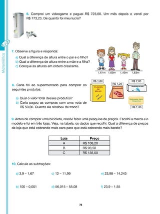 74
6. Comprei um videogame e paguei R$ 723,00. Um mês depois o vendi por
R$ 773,23. De quanto foi meu lucro?
7. Observe a figura e responda:
a) Qual a diferença de altura entre o pai e o filho?
b) Qual a diferença de altura entre a mãe e a filha?
c) Coloque as alturas em ordem crescente.
8. Carla foi ao supermercado para comprar os
seguintes produtos:
a) Qual o valor total desses produtos?
b) Carla pagou as compras com uma nota de
R$ 50,00. Quanto ela recebeu de troco?
9. Antes de comprar uma bicicleta, resolvi fazer uma pesquisa de preços. Escolhi a marca e o
modelo e fui em três lojas. Veja, na tabela, os dados que recolhi. Qual a diferença de preços
da loja que está cobrando mais caro para que está cobrando mais barato?
Loja Preço
A R$ 108,20
B R$ 93,50
C R$ 135,00
10. Calcule as subtrações:
a) 3,9 – 1,67		 c) 12 – 11,99				 e) 23,98 – 14,243
b) 100 – 0,001		 d) 56,015 – 55,08		 f) 23,9 – 1,55
R$ 2,83
R$ 1,25
R$ 1,36
R$ 1,80
1,61m 1,65m 1,45m 1,83m
 