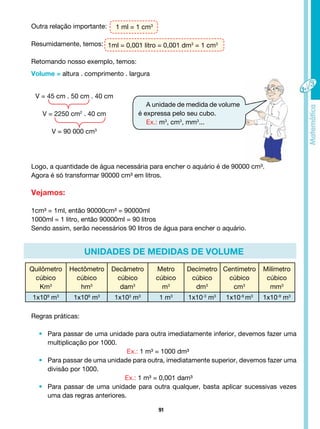 91
Outra relação importante:
Resumidamente, temos:
Retomando nosso exemplo, temos:
Volume = altura . comprimento . largura
UNIDADES de medidas DE VOLUME
A unidade de medida de volume
é expressa pelo seu cubo.
Ex.: m3
, cm3
, mm3
...
V = 45 cm . 50 cm . 40 cm
V = 2250 cm2
. 40 cm
V = 90 000 cm3
Logo, a quantidade de água necessária para encher o aquário é de 90000 cm³.
Agora é só transformar 90000 cm³ em litros.
Vejamos:
1cm³ = 1ml, então 90000cm³ = 90000ml
1000ml = 1 litro, então 90000ml = 90 litros
Sendo assim, serão necessários 90 litros de água para encher o aquário.
Quilômetro
cúbico
Km3
Hectômetro
cúbico
hm3
Decâmetro
cúbico
dam3
Metro
cúbico
m3
Decímetro
cúbico
dm3
Centímetro
cúbico
cm3
Milímetro
cúbico
mm3
1x109
m3
1x106
m3
1x103
m3
1 m3
1x10-3
m3
1x10-6
m3
1x10-9
m3
Regras práticas:
• Para passar de uma unidade para outra imediatamente inferior, devemos fazer uma
		 multiplicação por 1000.
Ex.: 1 m³ = 1000 dm³
• Para passar de uma unidade para outra, imediatamente superior, devemos fazer uma
		 divisão por 1000.
Ex.: 1 m³ = 0,001 dam³
• Para passar de uma unidade para outra qualquer, basta aplicar sucessivas vezes
		 uma das regras anteriores.
1 ml = 1 cm3
1ml = 0,001 litro = 0,001 dm3
= 1 cm3
 