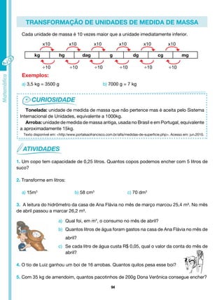 94
TRANSFORMAÇÃO DE UNIDADES DE MEDIDA DE MASSA
Cada unidade de massa é 10 vezes maior que a unidade imediatamente inferior.
kg hg dag g dg cg mg
x10
÷10
x10
÷10
x10
÷10
x10
÷10
x10
÷10
x10
÷10
Exemplos:
a) 3,5 kg = 3500 g b) 7000 g = 7 kg
Tonelada: unidade de medida de massa que não pertence mas é aceita pelo Sistema
Internacional de Unidades, equivalente a 1000kg.
Arroba: unidade de medida de massa antiga, usada no Brasil e em Portugal, equivalente
a aproximadamente 15kg.
1. Um copo tem capacidade de 0,25 litros. Quantos copos podemos encher com 5 litros de
suco?
2. Transforme em litros:
a) 15m3
b) 58 cm3
		 c) 70 dm3
3. A leitura do hidrômetro da casa de Ana Flávia no mês de março marcou 25,4 m³. No mês
de abril passou a marcar 26,2 m³.
a) Qual foi, em m3
, o consumo no mês de abril?
b) Quantos litros de água foram gastos na casa de Ana Flávia no mês de
abril?
c) Se cada litro de água custa R$ 0,05, qual o valor da conta do mês de
abril?
4. O tio de Luiz ganhou um boi de 16 arrobas. Quantos quilos pesa esse boi?
5. Com 35 kg de amendoim, quantos pacotinhos de 200g Dona Verônica consegue encher?
Texto disponível em: <http:/www.portalsaofrancisco.com.br/alfa/medidas-de-superficie.php>. Acesso em: jun.2010.
 