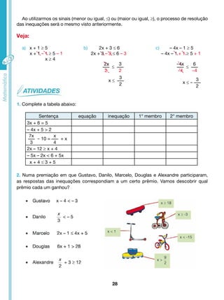 Ao utilizarmos os sinais (menor ou igual, ≤) ou (maior ou igual, ≥), o processo de resolução 
das inequações será o mesmo visto anteriormente. 
Veja: 
a) x + 1 ≥ 5 b) 2x + 3 ≤ 6 c) – 4x – 1 ≥ 5 
x + 1 – 1 ≥ 5 – 1 2x + 3 – 3 ≤ 6 – 3 – 4x – 1 + 1 ≥ 5 + 1 
x ≥ 4 
2x 
2 
≤ 
3 
2 
-4x 
-4 
≤ 
6 
-4 
x ≤ 
3 
2 
x ≤ - 
Sentença equação inequação 1° membro 2° membro 
28 
1. Complete a tabela abaixo: 
3x + 6 = 5 
– 4x + 5 > 2 
7x 
3 
- 10 = 
x 
4 
+ x 
2x – 12 ≥ x + 4 
– 5x – 2x < 6 + 5x 
x + 4 ≤ 3 + 5 
3 
2 
2. Numa premiação em que Gustavo, Danilo, Marcelo, Douglas e Alexandre participaram, 
as respostas das inequações correspondiam a um certo prêmio. Vamos descobrir qual 
prêmio cada um ganhou? 
 