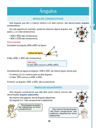 Ângulos consecutivos 
Dois ângulos que têm o mesmo vértice e um lado comum, são denominados ângulos 
consecutivos. 
Na roda gigante por exemplo, podemos observar alguns ângulos, dos 
Veja que: 
O lado OB é comum a AÔB e BÔC. 
Ângulos Adjacentes 
Outro exemplo: 
Na mesma roda gigante, temos ângulos adjacentes. 
Os ângulos û e t são consecutivos e adjacentes. ^ 
33 
Isso mesmo! Se dois ângulos 
não forem consecutivos, não 
podemos classificá-los como 
adjacentes. 
quais z, y e x são consecutivos. 
• AÔB e BÔC são consecutivos. 
• BÔC e CÔD são consecutivos. 
Considere os ângulos AÔB e BÔC na figura: 
Então, AÔB e BÔC são consecutivos. 
Considerando-se agora os ângulos AÔB e AÔC, da mesma figura, temos que: 
• O vértice ( O ) é o mesmo para os dois ângulos; 
• O lado OA é comum a AÔB e AÔC . 
Portanto, os ângulos AÔB e AÔC, são consecutivos. 
Dois ângulos consecutivos que não têm ponto interno comum são 
denominados ângulos adjacentes. 
Ângulos 
Dois ângulos só podem 
ser adjacentes se forem 
consecutivos? 
C 
B 
O A 
vértice da figura 
 
