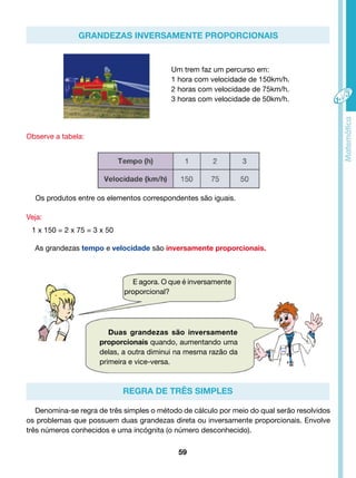 Grandezas inversamente proporcionais 
Um trem faz um percurso em: 
1 hora com velocidade de 150km/h. 
2 horas com velocidade de 75km/h. 
3 horas com velocidade de 50km/h. 
Os produtos entre os elementos correspondentes são iguais. 
59 
Observe a tabela: 
Veja: 
1 x 150 = 2 x 75 = 3 x 50 
As grandezas tempo e velocidade são inversamente proporcionais. 
E agora. O que é inversamente 
proporcional? 
Duas grandezas são inversamente 
proporcionais quando, aumentando uma 
delas, a outra diminui na mesma razão da 
primeira e vice-versa. 
Regra de três simples 
Denomina-se regra de três simples o método de cálculo por meio do qual serão resolvidos 
os problemas que possuem duas grandezas direta ou inversamente proporcionais. Envolve 
três números conhecidos e uma incógnita (o número desconhecido). 
 