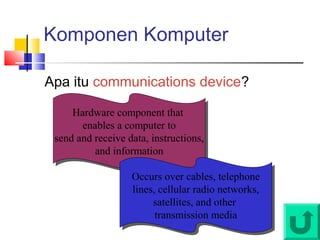 Komponen Komputer
Apa itu communications device?
Hardware component that
enables a computer to
send and receive data, instructions,
and information
Hardware component that
enables a computer to
send and receive data, instructions,
and information
Occurs over cables, telephone
lines, cellular radio networks,
satellites, and other
transmission media
Occurs over cables, telephone
lines, cellular radio networks,
satellites, and other
transmission media
 