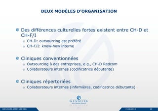 DEUX MODÈLES D’ORGANISATION
Des différences culturelles fortes existent entre CH-D et
CH-F/I
o CH-D: outsourcing est préféré
o CH-F/I: know-how interne
Cliniques conventionnées
o Outsourcing à des entreprises, e.g., CH-D Redcom
o Collaborateurs internes (codificatrice débutante)
Cliniques répertoriées
o Collaborateurs internes (infirmières, codificatrice débutante)
21.06.2013 10500 JOURS APRÈS LES DRG
 