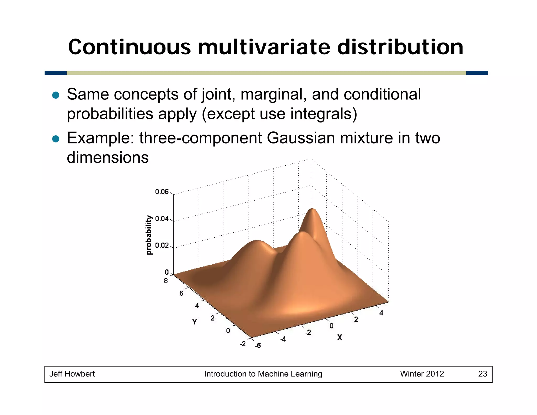 Continuous multivariate distribution
Same concepts of joint, marginal, and conditional
probabilities apply (except use integrals)
Example: three-component Gaussian mixture in two
dimensions

Jeff Howbert

Introduction to Machine Learning

Winter 2012

23

 