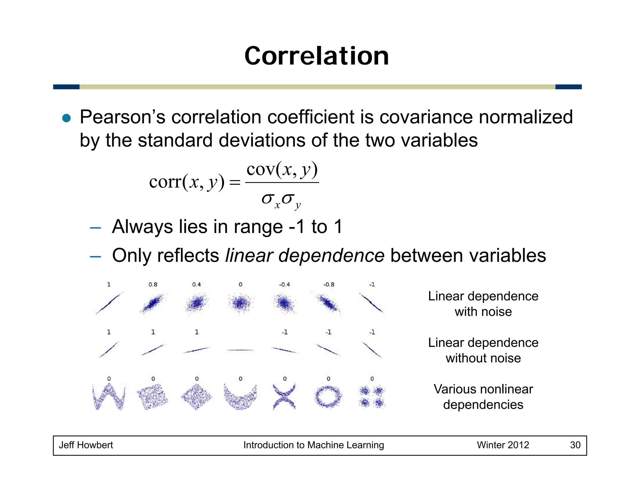 Correlation
Pearson’s correlation coefficient is covariance normalized
by the standard deviations of the two variables
cov( x, y )
corr( x, y ) =

σ xσ y

– Always lies in range -1 to 1
– Only reflects linear dependence between variables
Linear dependence
with noise
Linear dependence
without noise
Various nonlinear
dependencies
Jeff Howbert

Introduction to Machine Learning

Winter 2012

30

 
