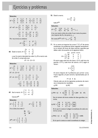 106 SOLUCIONARIO
©GrupoEditorialBruño,S.L.
Ejercicios y problemas
Solución:
A2 = =
A3 = A2 · A = =
= =
Por recurrencia se obtiene:
Ak =
68. Dada la matriz: A =
y sea I la matriz identidad de orden 3 y O la matriz nula
de orden 3, comprueba que:
A2 – A – 2I = O
Solución:
A2 = =
A2 – A – 2I = 0
A2 – A – 2I = – +
– 2 =
69. Sea la matriz: A =
Calcula A86
Solución:
A2 = A3 =
A es cíclica de orden 3
A86 = A2 =
70. Dada la matriz:
A =
halla A200
Solución:
A2 = = = 12 Ò 2
A es una matriz cíclica de orden 2; por tanto, las poten-
cias impares dan A, y las pares, I2 Ò 2
Por tanto:A200 = A2 = I2 Ò 2 =
71. En un centro se imparten los cursos 1º,2º y 3º de ciertas
enseñanzas.Los profesores tienen asignado semanalmen-
te un número de horas de clase, tutorías y guardias que
deben cubrir de acuerdo con la siguiente matriz:
M =
( )
El centro paga cada hora de clase a 12 €, cada hora de
guardia a 3 € y cada hora de tutoría a 6 €, según el
vector:
C =
El centro dispone de 5 profesores para primer curso,
4 para segundo y 6 para tercero, representados por el
vector:
P = (5 4 6)
Calcula cada uno de los siguientes productos de matri-
ces e interpreta los resultados.
a) PM b) MC c) PMC
Solución:
a) PM = (5 4 6) = (304 55 47)
Son el número de horas totales de clase, guardias y tu-
torías.
b) MC = =
Es lo que le cuesta al colegio la enseñanza de cada uno
de los cursos.
c) PMC = (5 4 6) = 4095
Es lo que le cuesta en total la enseñanza al colegio.
)12
3
6()20 5 3
18 6 5
22 1 2(
)273
264
279()12
3
6()20 5 3
18 6 5
22 1 2(
)20 5 3
18 6 5
22 1 2(
)12
3
6
(
clase guardias tutorías
20 5 3
18 6 5
22 1 2
1º
2º
3º
)1 0
0 1(
)1 0
0 1()0 1
1 0()0 1
1 0(
)0 1
1 0(
)4 4 1
–3 –3 –1
0 1 –1(
86 3
26 28
2
)1 0 0
0 1 0
0 0 1()4 4 1
–3 –3 –1
0 1 –1(
)4 5 –1
–3 –4 1
–3 –4 0
(
)0 0 0
0 0 0
0 0 0()1 0 0
0 1 0
0 0 1(
)0 1 1
1 0 1
1 1 0()2 1 1
1 2 1
1 1 2(
)2 1 1
1 2 1
1 1 2()0 1 1
1 0 1
1 1 0()0 1 1
1 0 1
1 1 0(
)0 1 1
1 0 1
1 1 0
(
)2k – 1 0 2k – 1
0 1 0
2k – 1 0 2k – 1(
)22 0 22
0 1 0
22 0 22()4 0 4
0 1 0
4 0 4(
)1 0 1
0 1 0
1 0 1()2 0 2
0 1 0
2 0 2(
)2 0 2
0 1 0
2 0 2()1 0 1
0 1 0
1 0 1()1 0 1
0 1 0
1 0 1(
 