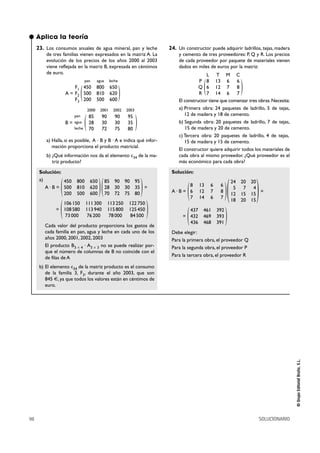 98 SOLUCIONARIO
©GrupoEditorialBruño,S.L.
23. Los consumos anuales de agua mineral, pan y leche
de tres familias vienen expresados en la matriz A. La
evolución de los precios de los años 2000 al 2003
viene reflejada en la matriz B, expresada en céntimos
de euro.
A =
( )
B =
( )
a) Halla, si es posible, A · B y B · A e indica qué infor-
mación proporciona el producto matricial.
b) ¿Qué información nos da el elemento c34 de la ma-
triz producto?
Solución:
a)
A · B = =
=
Cada valor del producto proporciona los gastos de
cada familia en pan, agua y leche en cada uno de los
años 2000, 2001, 2002, 2003
El producto B3 Ò 4 · A3 Ò 3 no se puede realizar por-
que el número de columnas de B no coincide con el
de filas de A
b) El elemento c34 de la matriz producto es el consumo
de la familia 3, F3, durante el año 2003, que son
845 €, ya que todos los valores están en céntimos de
euro.
24. Un constructor puede adquirir ladrillos, tejas, madera
y cemento de tres proveedores: P, Q y R. Los precios
de cada proveedor por paquete de materiales vienen
dados en miles de euros por la matriz:
( )
El constructor tiene que comenzar tres obras.Necesita:
a) Primera obra: 24 paquetes de ladrillo, 5 de tejas,
12 de madera y 18 de cemento.
b) Segunda obra: 20 paquetes de ladrillo, 7 de tejas,
15 de madera y 20 de cemento.
c)Tercera obra: 20 paquetes de ladrillo, 4 de tejas,
15 de madera y 15 de cemento.
El constructor quiere adquirir todos los materiales de
cada obra al mismo proveedor. ¿Qué proveedor es el
más económico para cada obra?
Solución:
A · B = =
=
Debe elegir:
Para la primera obra, el proveedor Q
Para la segunda obra, el proveedor P
Para la tercera obra, el proveedor R
)437 461 392
432 469 393
436 468 391(
)
24 20 20
5 7 4
12 15 15
18 20 15
()8 13 6 6
6 12 7 8
7 14 6 7(
L T M C
8 13 6 6
6 12 7 8
7 14 6 7
P
Q
R
)106150 111300 113250 122750
108580 113940 115800 125450
73000 76200 78000 84500(
)85 90 90 95
28 30 30 35
70 72 75 80()450 800 650
500 810 620
200 500 600(
2000 2001 2002 2003
85 90 90 95
28 30 30 35
70 72 75 80
pan
agua
leche
pan agua leche
450 800 650
500 810 620
200 500 600
F1
F2
F3
● Aplica la teoría
 