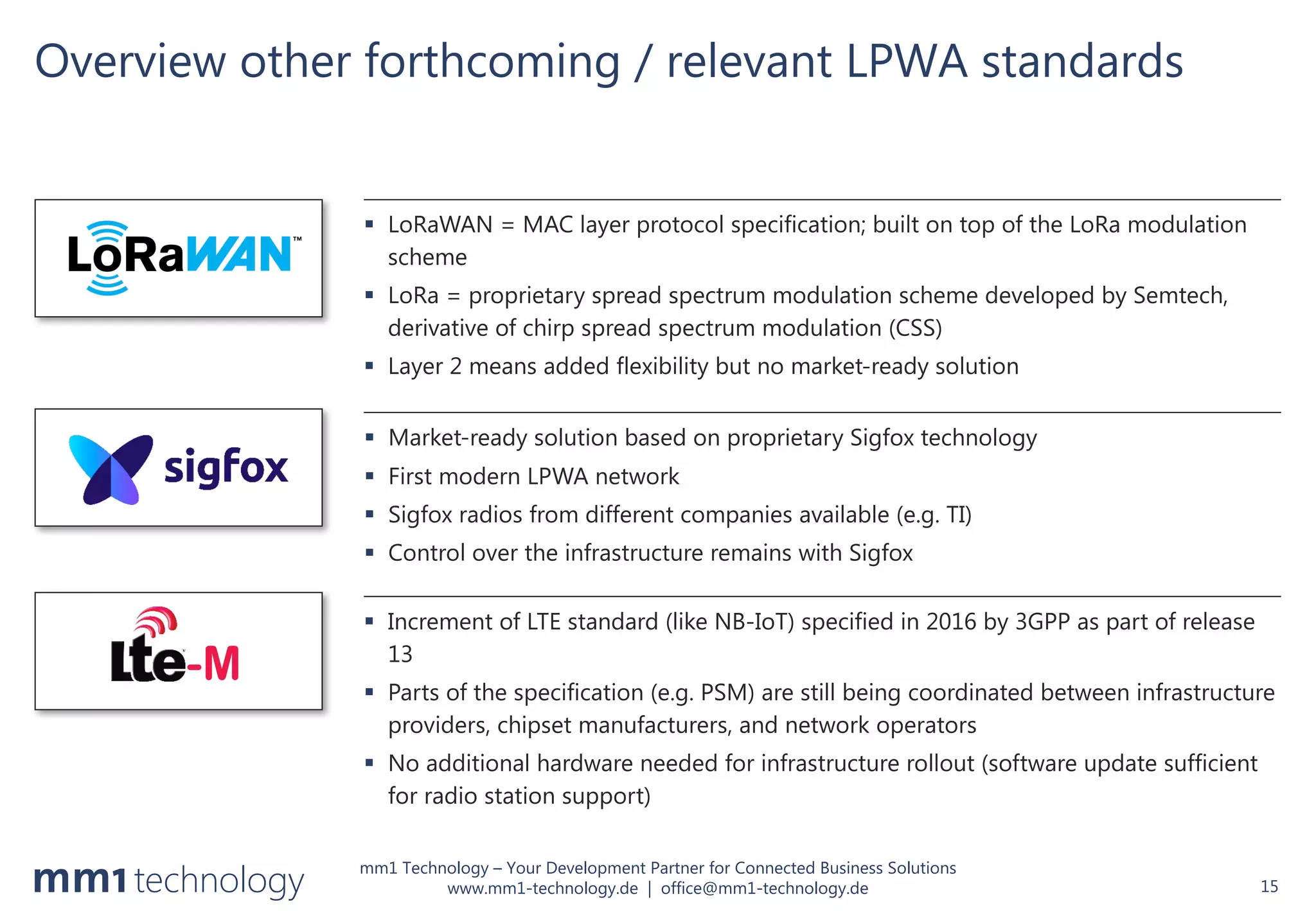mm1 Technology – Your Development Partner for Connected Business Solutions
www.mm1-technology.de | office@mm1-technology.de
Overview other forthcoming / relevant LPWA standards
15
§ LoRaWAN = MAC layer protocol specification; built on top of the LoRa modulation
scheme
§ LoRa = proprietary spread spectrum modulation scheme developed by Semtech,
derivative of chirp spread spectrum modulation (CSS)
§ Layer 2 means added flexibility but no market-ready solution
§ Market-ready solution based on proprietary Sigfox technology
§ First modern LPWA network
§ Sigfox radios from different companies available (e.g. TI)
§ Control over the infrastructure remains with Sigfox
§ Increment of LTE standard (like NB-IoT) specified in 2016 by 3GPP as part of release
13
§ Parts of the specification (e.g. PSM) are still being coordinated between infrastructure
providers, chipset manufacturers, and network operators
§ No additional hardware needed for infrastructure rollout (software update sufficient
for radio station support)
-M
 