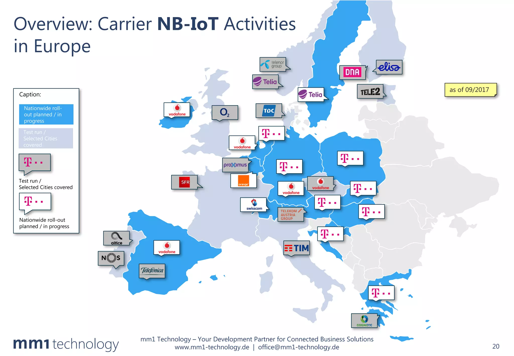 mm1 Technology – Your Development Partner for Connected Business Solutions
www.mm1-technology.de | office@mm1-technology.de
as of 09/2017
20
Test run /
Selected Cities covered
Nationwide roll-out
planned / in progress
Nationwide roll-
out planned / in
progress
Test run /
Selected Cities
covered
Caption:
Overview: Carrier NB-IoT Activities
in Europe
 