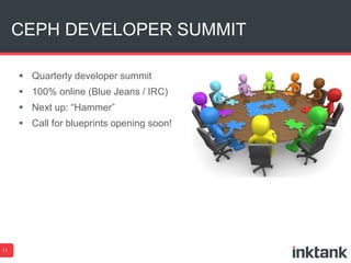 CEPH DEVELOPER SUMMIT 
11 
 Quarterly developer summit 
 100% online (Blue Jeans / IRC) 
 Next up: “Hammer” 
 Call for blueprints opening soon! 
 