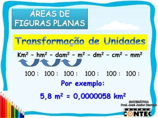 SAIR
Km2 – hm2 – dam2 – m2 – dm2 – cm2 – mm2
100 : 100 : 100 : 100 : 100 : 100 :
Por exemplo:
5,8 m2 = 0,0000058 km2
 