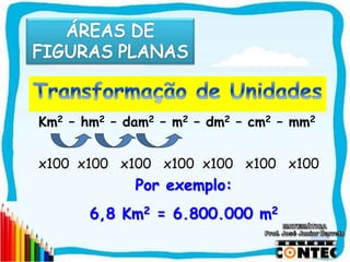 SAIR
Km2 – hm2 – dam2 – m2 – dm2 – cm2 – mm2
x100 x100 x100 x100 x100 x100 x100
Por exemplo:
6,8 Km2 = 6.800.000 m2
 