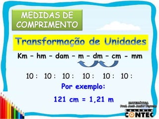 Km – hm – dam – m – dm – cm - mm
10 : 10 : 10 : 10 : 10 : 10 :
Por exemplo:
121 cm = 1,21 m
 