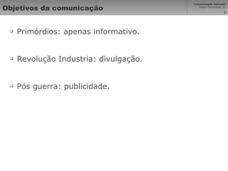 Objetivos da comunicação Primórdios: apenas informativo. Revolução Industria: divulgação. Pós guerra: publicidade. 