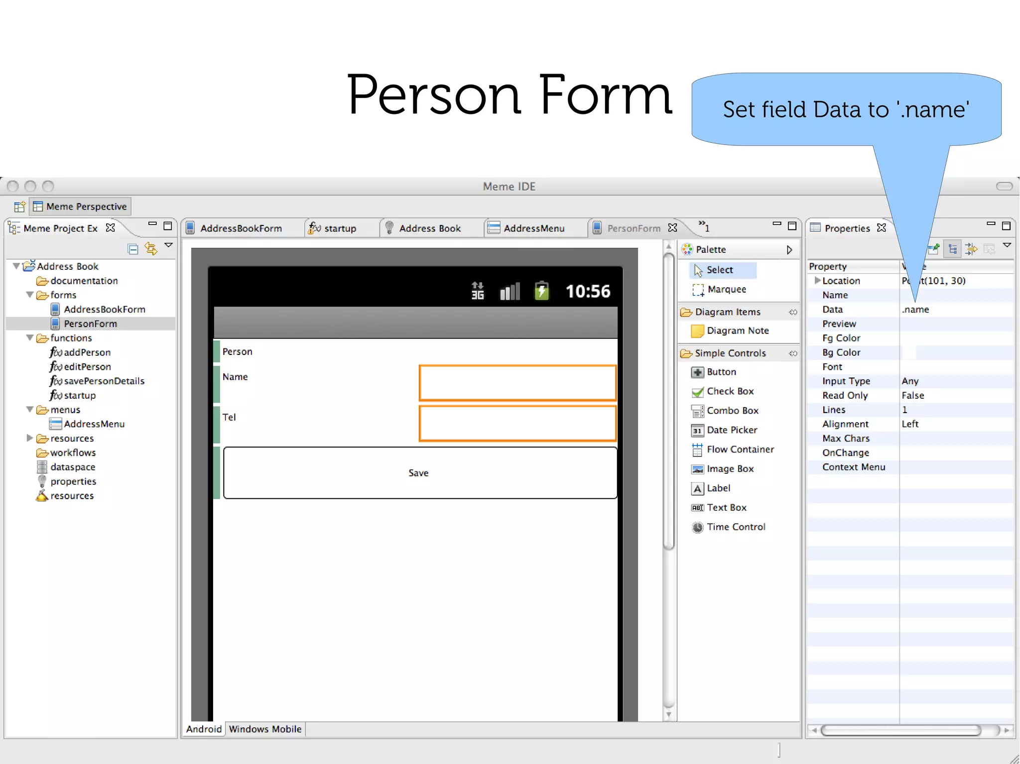 Person Form   Set field Data to '.name'
 