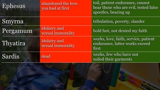 Ephesus
Smyrna
Pergamum
Thyatira
Sardis
abandoned the love
you had at first
toil, patient endurance, cannot
bear those who are evil, tested false
apostles, bearing up
tribulation, poverty, slander
idolatry and
sexual immorality
idolatry and
sexual immorality
dead
hold fast, not denied my faith
works, love, faith, service, patient
endurance, latter works exceed
first
works, few who have not
soiled their garments
 