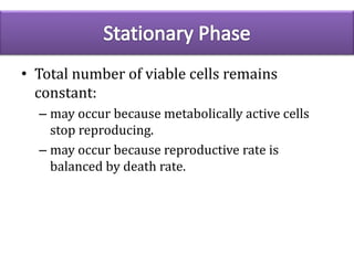 • Total number of viable cells remains
constant:
– may occur because metabolically active cells
stop reproducing.
– may occur because reproductive rate is
balanced by death rate.
 