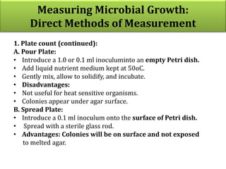 1. Plate count (continued):
A. Pour Plate:
• Introduce a 1.0 or 0.1 ml inoculuminto an empty Petri dish.
• Add liquid nutrient medium kept at 50oC.
• Gently mix, allow to solidify, and incubate.
• Disadvantages:
• Not useful for heat sensitive organisms.
• Colonies appear under agar surface.
B. Spread Plate:
• Introduce a 0.1 ml inoculum onto the surface of Petri dish.
• Spread with a sterile glass rod.
• Advantages: Colonies will be on surface and not exposed
to melted agar.
Measuring Microbial Growth:
Direct Methods of Measurement
 