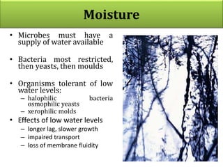 Moisture
• Microbes must have a
supply of water available
• Bacteria most restricted,
then yeasts, then moulds
• Organisms tolerant of low
water levels:
– halophilic bacteria
osmophilic yeasts
– xerophilic molds
• Effects of low water levels
– longer lag, slower growth
– impaired transport
– loss of membrane fluidity
 