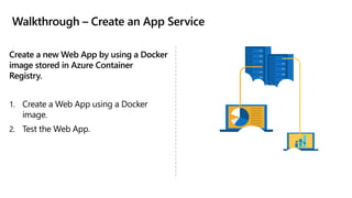 Walkthrough – Create an App Service
Create a new Web App by using a Docker
image stored in Azure Container
Registry.
1. Create a Web App using a Docker
image.
2. Test the Web App.
 