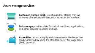 Azure storage services
Container storage (blob) is optimized for storing massive
amounts of unstructured data, such as text or binary data.
Disk storage provides disks for virtual machines, applications,
and other services to access and use.
Azure Files sets up a highly available network file shares that
can be accessed by using the standard Server Message Block
(SMB) protocol.
 