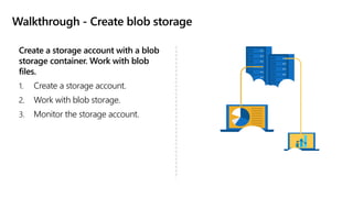 Walkthrough - Create blob storage
Create a storage account with a blob
storage container. Work with blob
files.
1. Create a storage account.
2. Work with blob storage.
3. Monitor the storage account.
 