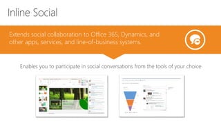 Extends social collaboration to Office 365, Dynamics, and 
other apps, services, and line-of-business systems. 
Enables you to participate in social conversations from the tools of your choice 
 