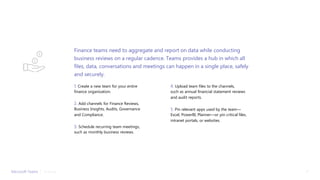 1. Create a new team for your entire
finance organization.
2. Add channels for Finance Reviews,
Business Insights, Audits, Governance
and Compliance.
3. Schedule recurring team meetings,
such as monthly business reviews.
4. Upload team files to the channels,
such as annual financial statement reviews
and audit reports.
5. Pin relevant apps used by the team—
Excel, PowerBI, Planner—or pin critical files,
intranet portals, or websites.
Finance teams need to aggregate and report on data while conducting
business reviews on a regular cadence. Teams provides a hub in which all
files, data, conversations and meetings can happen in a single place, safely
and securely.
Microsoft Teams | 11Finance
 