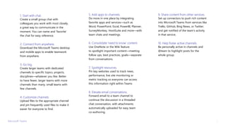 1. Start with chat.
Create a small group chat with
colleagues you work with most closely,
a great way to communicate in the
moment. You can name and ‘favorite’
the chat for easy reference.
2. Connect from anywhere.
Download the Microsoft Teams desktop
and mobile apps to enable teamwork
from anywhere.
3. Go big.
Create larger teams with dedicated
channels to specific topics, projects,
disciplines—whatever you like. Better
to have fewer, larger teams with more
channels than many, small teams with
few channels.
4. Customize channels.
Upload files to the appropriate channel
and pin frequently used files to make it
easier for everyone to find.
5. Add apps to channels.
Do more in one place by integrating
favorite apps and services—such as
Word, PowerPoint, Excel, PowerBI, Planner,
SurveyMonkey, HootSuite and more—with
team chats and meetings.
6. Consolidate ‘need to know’ content.
Use OneNote or the Wiki feature
to spotlight important content—meeting
follow ups, best practices, goals—separate
from conversations.
7. Spotlight resources.
Pin key websites used to track news,
performance, live site monitoring or
metric tracking so everyone can access
this information right within Teams
8. Elevate email conversations.
Forward email to a team channel to
continue the discussion in a threaded
chat conversation, with attachments
automatically uploaded for easy team
co-authoring.
9. Share content from other services.
Set up connectors to push rich content
into Microsoft Teams from services like
Trello, GitHub, Bing News, or Twitter;
and get notified of the team’s activity
in that service.
10. Help foster active channels.
Be personally active in channels and
@team to highlight posts for the
whole group.
Microsoft Teams 5
 