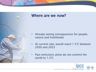 Where are we now?
• Already seeing consequences for people,
nature and livelihoods
• At current rate, would reach 1.5°C be...