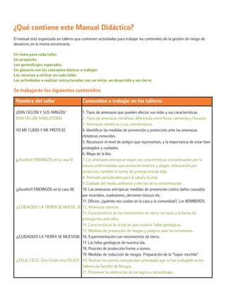 ¿Qué contiene este Manual Didáctico? 
El manual está organizado en talleres que contienen actividades para trabajar los contenidos de la gestión de riesgo de desastres; en la misma encontrarás: 
Un tema para cada taller. 
Un propósito. 
Los aprendizajes esperados. 
Un glosario con los conceptos básicos a trabajar. 
Los recursos a utilizar en cada taller. 
Las actividades a realizar: estructuradas con un inicio, un desarrollo y un cierre. 
Se trabajarán los siguientes contenidos: 
Nombre del taller Contenidos a trabajar en los talleres 
¡DON CICLÓN Y SUS AMIGOS! 1. Tipos de amenazas que pueden afectar sus vidas y sus características. 
DON CICLÓN SABELOTODO 2. Tipos de amenazas climáticas; diferencias entre lluvia, tormenta y Huracán. 
3. Amenazas climáticas y sus características. 
YO ME CUIDO Y ME PROTEJO 4. Identificar las medidas de prevención y protección ante las amenazas 
climáticas conocidas. 
5. Reconocer el nivel de peligro que representan, y la importancia de estar bien 
protegidos y cuidados. 
6. Mapa de la Isla. 
¡¡¡Auxilio!!! ENEMIGOS en la casa (I) 7. Las amenazas antrópicas según sus características: contaminación por la 
basura, enfermedades que producen insectos y plagas, intoxicación por 
productos; también la forma de protegernos de ellas. 
8. Animales perjudiciales para la salud y la vida. 
9. Cuidado del medio ambiente y efectos de la contaminación. 
¡¡¡Auxilio!!! ENEMIGOS en la casa (II) 10. Las amenazas antrópicas: medidas de prevención contra daños causados 
por incendios, explosiones, derrames tóxicos etc. 
11. Oficios: ¿quiénes nos cuidan en la casa y la comunidad?, Los BOMBEROS. 
¡¡¡CUIDADO!!! LA TIERRA SE MUEVE. (I) 12. Amenazas sísmicas 
13. Características de los movimientos de tierra, los tipos y la forma de 
protegernos ante ellos. 
14. Características de la isla en que vivimos: Fallas geológicas. 
15. Medidas de prevención de riesgos y peligros ante los terremotos. 
¡¡¡CUIDADO!!! LA TIERRA SE MUEVE(II) 16. Experimentación con movimientos de tierra. 
17. Las fallas geológicas de nuestra isla. 
18. Posición de protección frente a sismos. 
19. Medidas de reducción de riesgos. Preparación de la “Súper mochila”. 
¡¡¡FELIZ, FELIZ, Don Ciclón está FELIZ!!! 20. Realizar los cierres conceptuales principales que se han trabajado en los 
Talleres de Gestión de Riesgos. 
21. Promover la celebración de los logros y aprendizajes.  