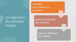La ingeniería
de software
integra:
métodos,
herramientas y
procesos
para el desarrollo
del software
bajo un enfoque
de calidad.
 