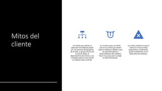 Mitos del
cliente Un cliente que solicita un
aplicación de software puede
ser una persona del despacho
de al lado, un grupo técnico de
la sala de abajo, el
departamento de ventas o una
compañía exterior que solicita
un software bajo contrato.
En muchos casos, el cliente
cree en los mitos que existen
sobre el software, debido a que
los administradores y
desarrolladores del software
hacen muy poco para corregir
la mala información.
Los mitos conducen a que el
cliente se cree una falsa
expectativa y, finalmente,
quede insatisfecho con el
desarrollo del software.
 