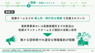 最終需要者のいる医療救護所までの配送は
医療ボランティアチームなど個別の活動に依存
医療チームなどの 属人的・断片的な情報 で支援されていた
様々な団体間での適切な情報集約が困難
原因 ③
[20]平川幸子・滝澤真理, (2012), 「大規模災害時の医薬品供給に関する実態と課題」, (p.223~228), (最終閲覧日：2024-08-01)ｖ
https://www.jstage.jst.go.jp/article/safety/51/4/51_223/_pdf/-char/ja
課題 施策 まとめ 参照
❸ ❹ ❺
❷
前提
❶
⓿
提案 ー 支援のミスマッチ
12
 