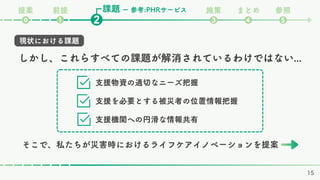 課題 施策 まとめ 参照
❸ ❹ ❺
❷
前提
❶
⓿
ー 参考:PHRサービス
提案
現状における課題
しかし、これらすべての課題が解消されているわけではない...
そこで、私たちが災害時におけるライフケアイノベーションを提案
支援物資の適切なニーズ把握
支援を必要とする被災者の位置情報把握
支援機関への円滑な情報共有
15
 